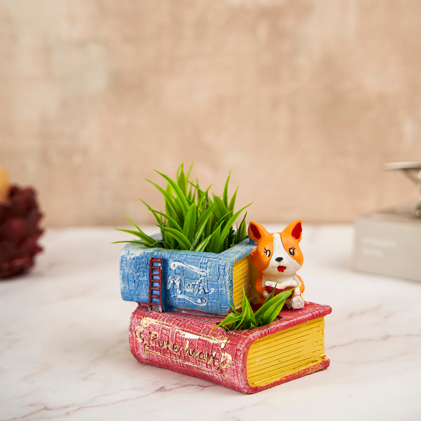 Handcrafted Puppy With Book Succulent Planter For Home Garden Office Desktop