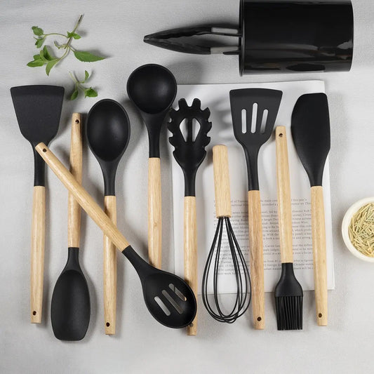 11-Piece Silicone Spatula Set | Heat-Resistant, Non-Stick & BPA-Free | Food-Grade Kitchen Utensils with Wooden Handle | Perfect for Cooking, Baking, Mixing & Serving (Black)
