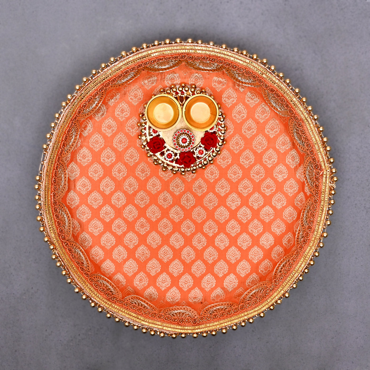 Pooja Thali Set | Stainless Steel Handcrafted Decorative Pooja Thali for Diwali Puja, Home, Temple, Mandir, Wedding, Bhai Dooj Decorative Puja Plate (Orange)