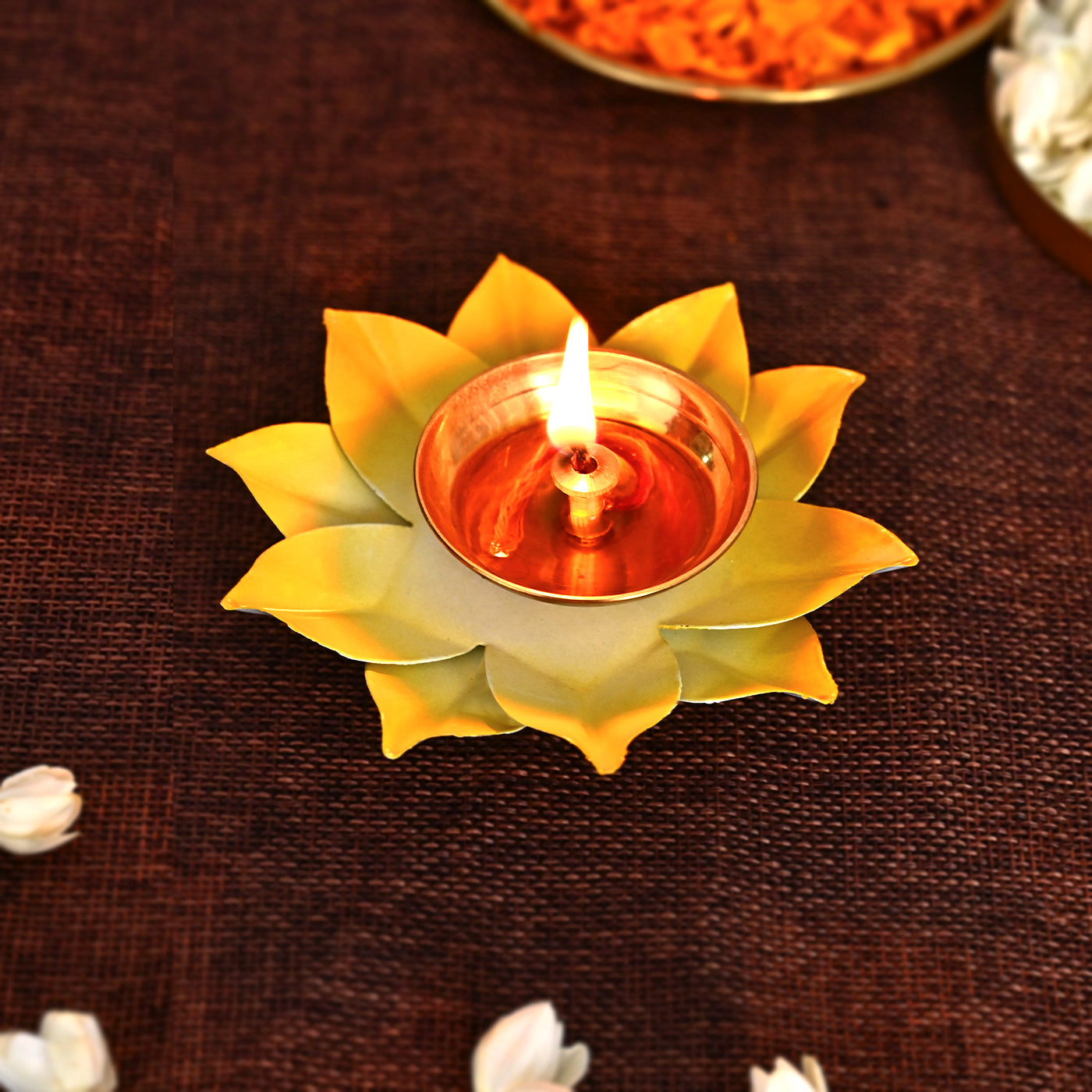 Yellow Lotus Shaped Diya Metal Diya for Home/ Temple/ Pooja Decoration (2 Piece)