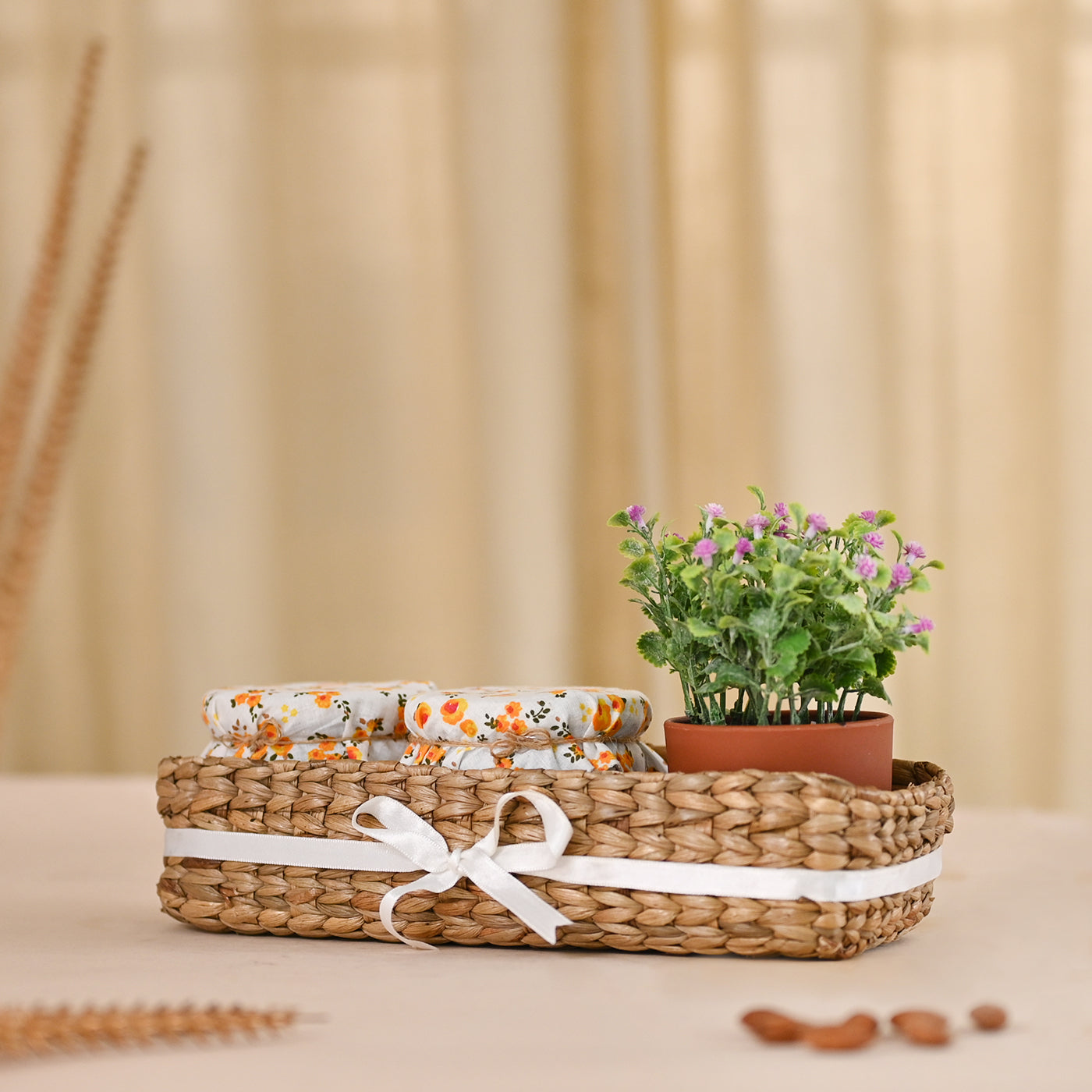 Cane Basket with 2 Jar and An Artificial Flower Pot- For Wedding Gifting, Birthday and Thanksgiving (GH-005)