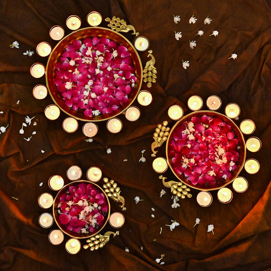 Elegant Peacock Design Urli for Home , Office , Diwali Decors - Set of 3