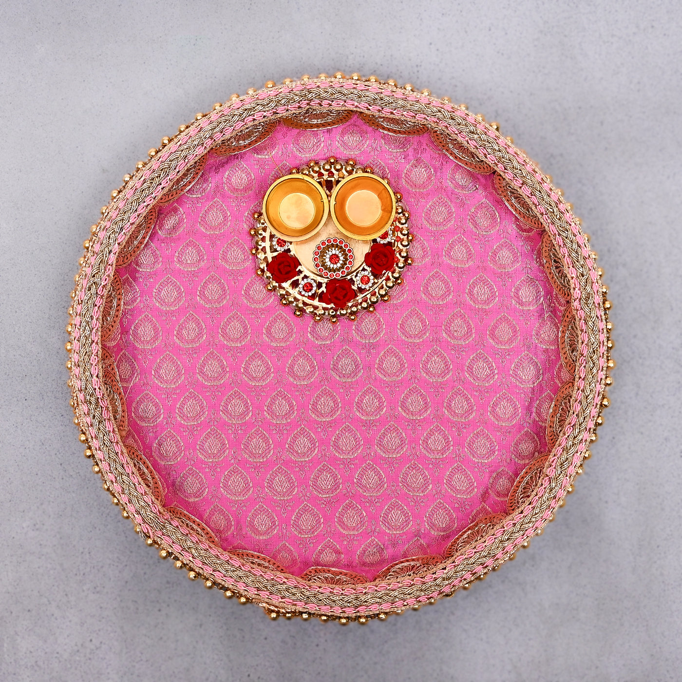 Stainless Steel Handcrafted Decorative Pooja Thali for Diwali Puja, Home, Temple, Mandir, Wedding, Bhai Dooj Decorative Puja Plate (Pink)