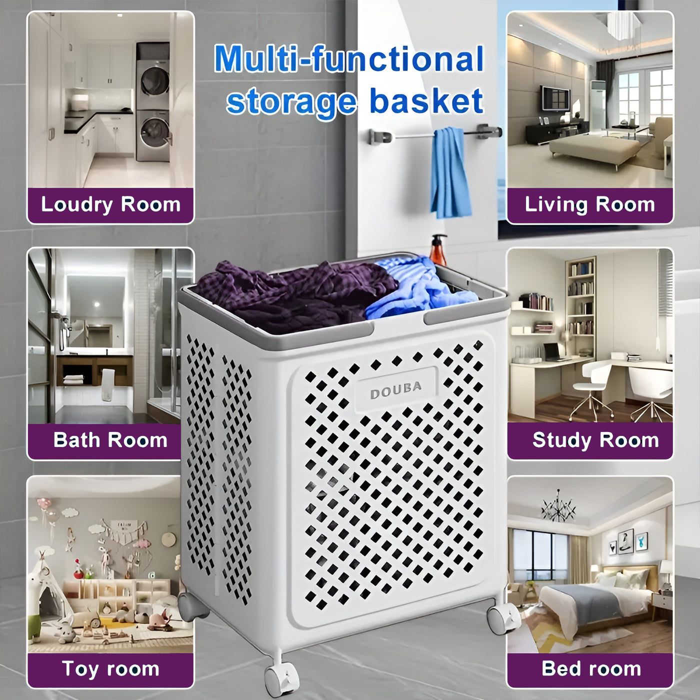 Foldable Plastic Laundry Basket Bathroom Clothes Storage with Wheels and Toy Organizer