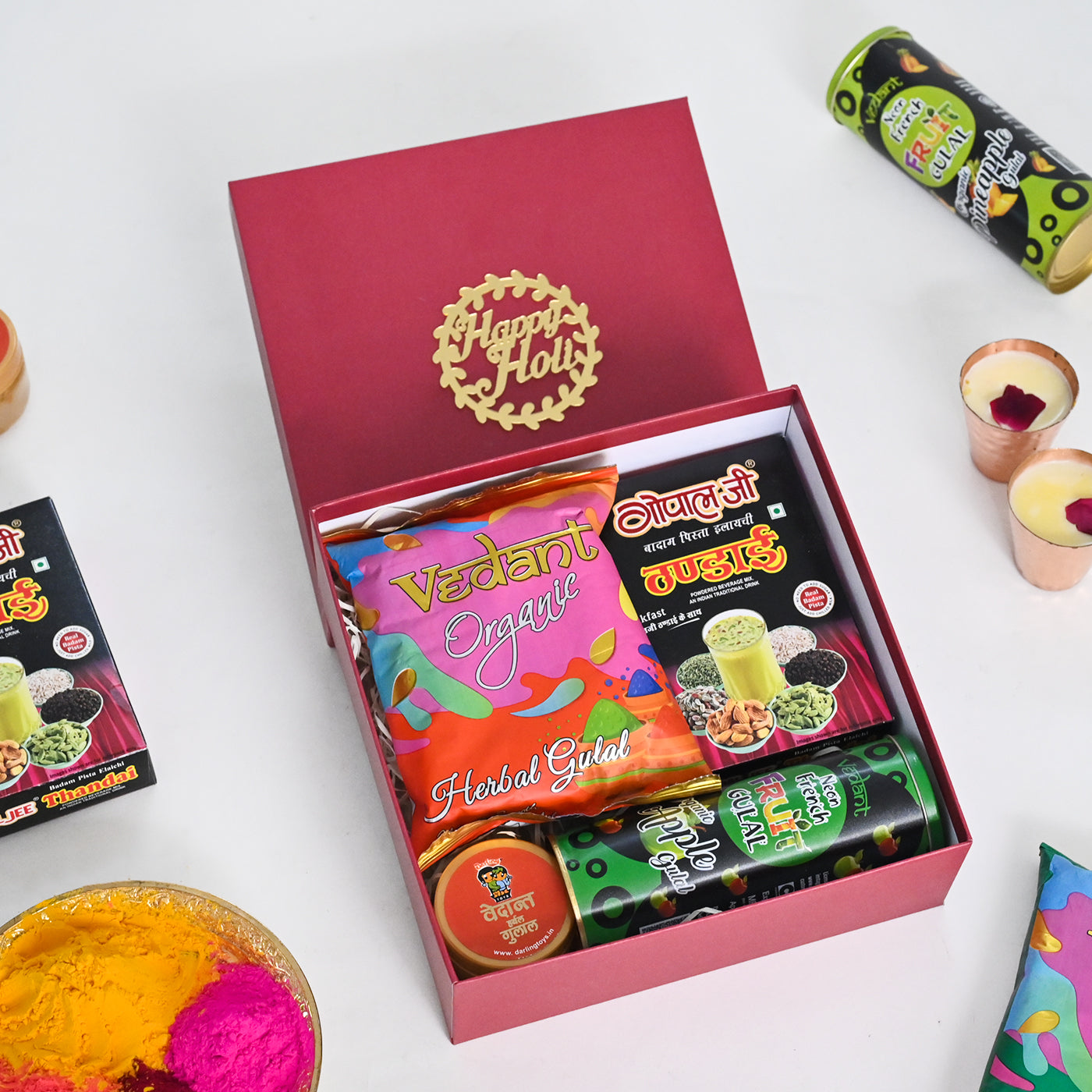 Holi Gift Hamper Thandai, Herbal Gulal ,Chandan,Organic Fruit Gulal Holi Gift Box