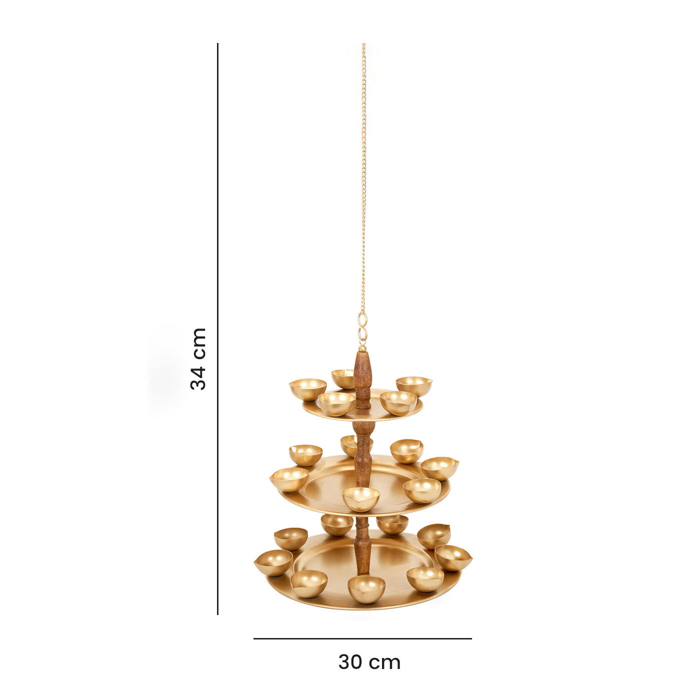 Golden Metal & Wood 3 Layered Hanging Tea Light Holder With 21 Diyas