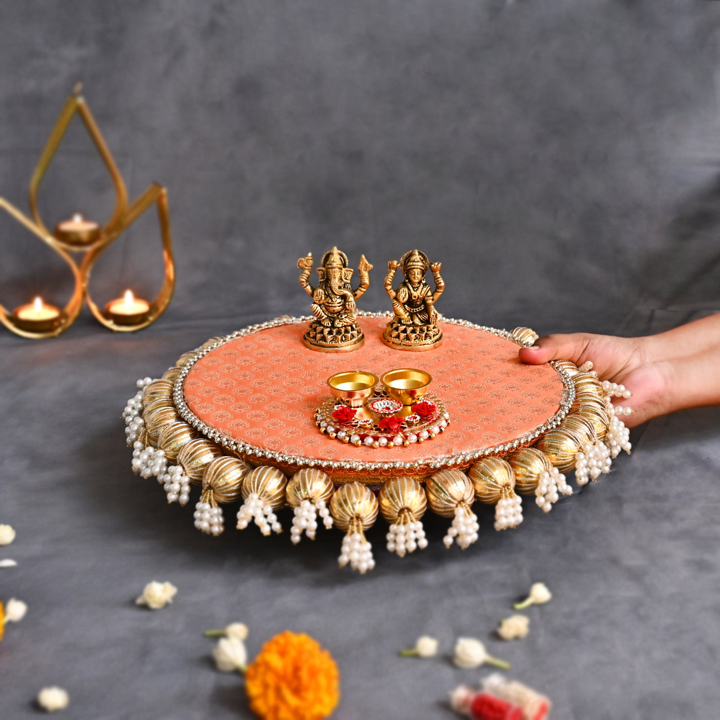 Designer Diwali Pooja Thali Gift Set with Brass Ganesh Laxmi Idol and Roli Chawal platter - Peach and Maroon
