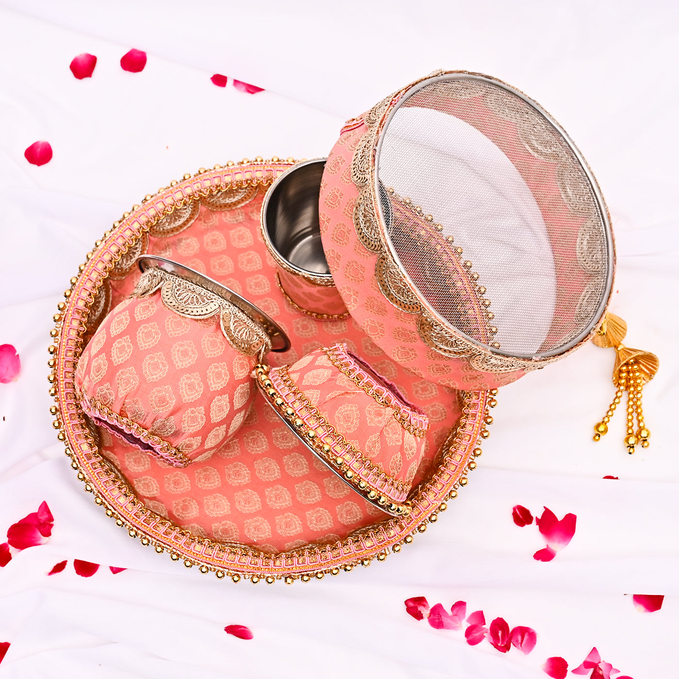 Handcrafted Karwa Chauth Thali Set - Peach