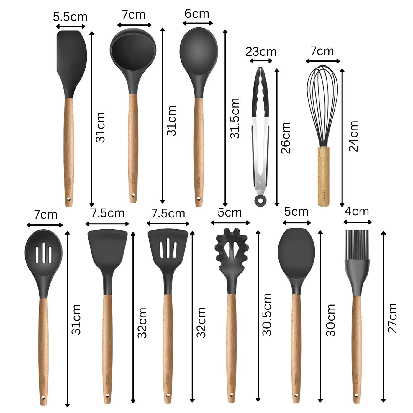 11-Piece Silicone Spatula Set | Heat-Resistant, Non-Stick & BPA-Free | Food-Grade Kitchen Utensils with Wooden Handle | Perfect for Cooking, Baking, Mixing & Serving (Black)
