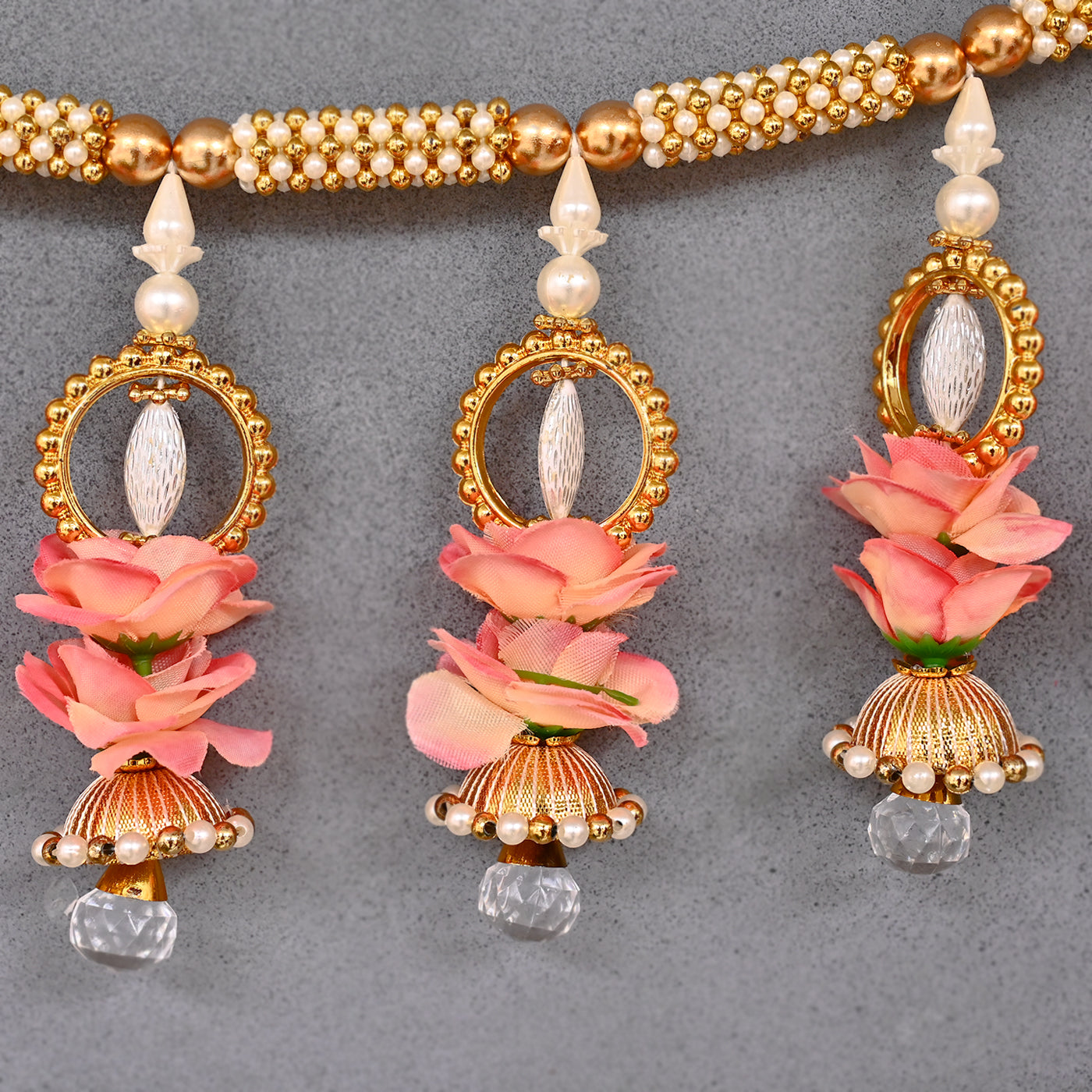 Handcrafted Artificial Peach Rose Bead Braided Toran