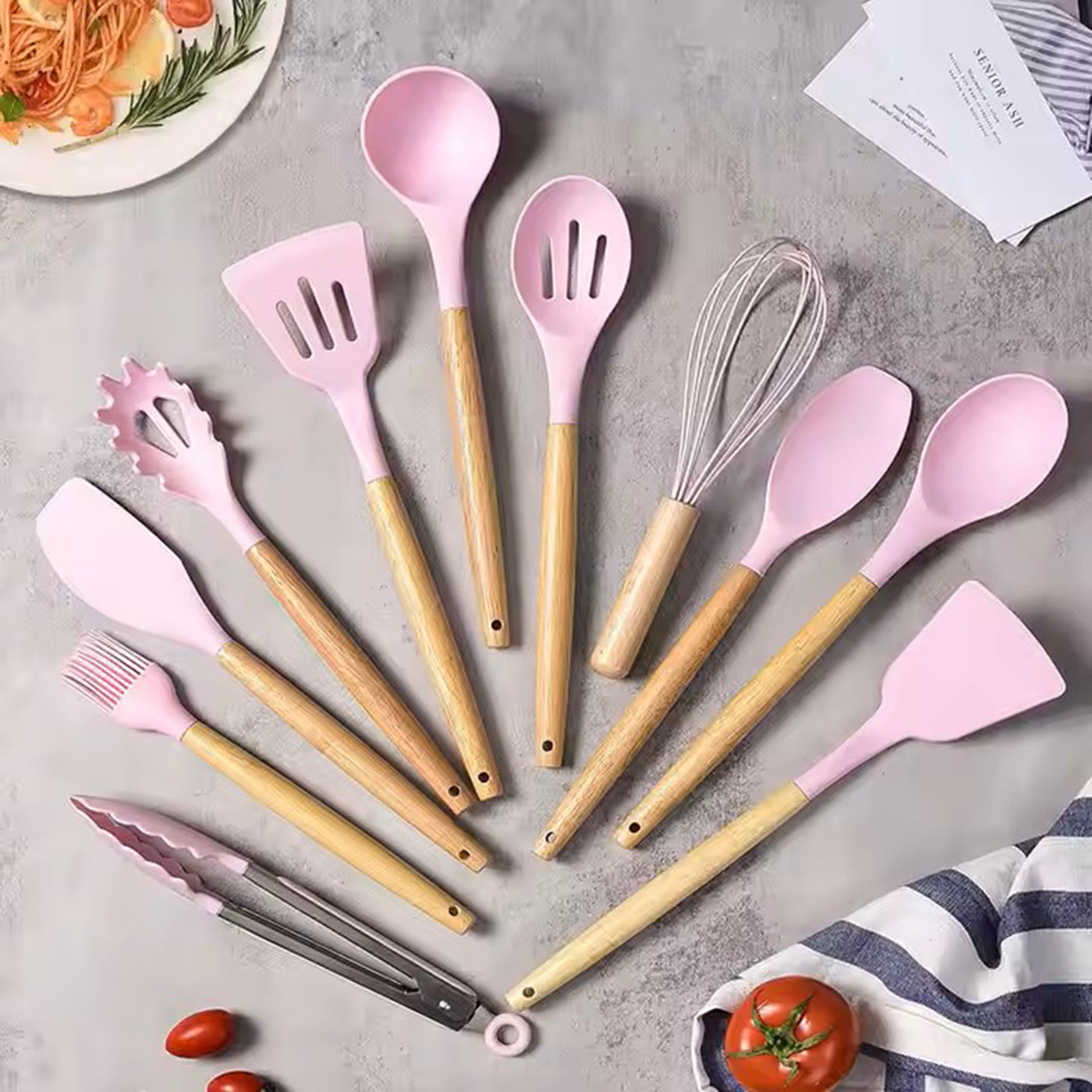11-Piece Silicone Spatula Set | Heat-Resistant, Non-Stick & BPA-Free | Food-Grade Kitchen Utensils with Wooden Handle | Perfect for Cooking, Baking, Mixing & Serving (Pink)