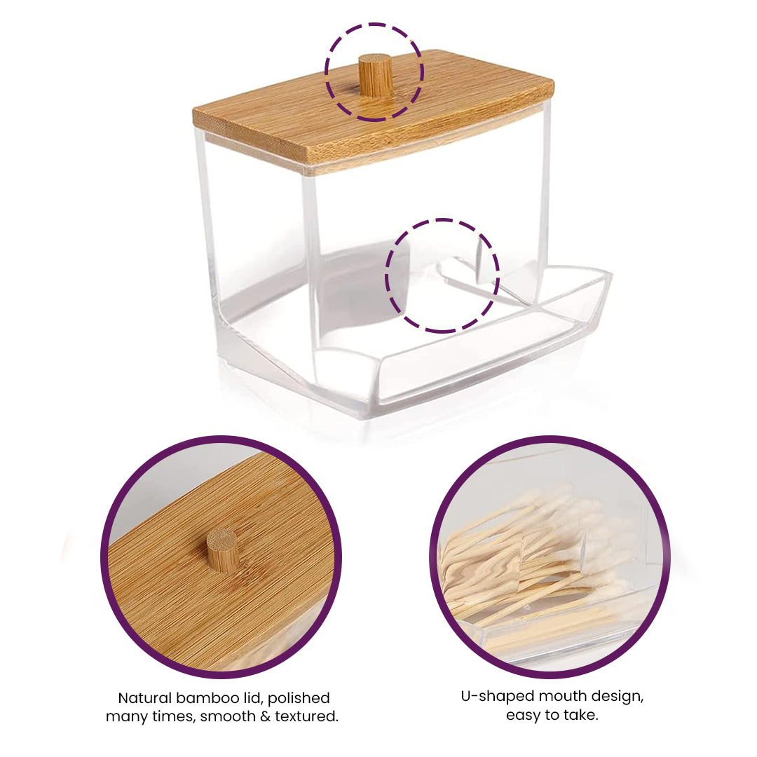 Bamboo Lid Cotton Buds Dispenser Bathroom Organizer for Cotton Balls, Cleaning Buds, and Storage Box