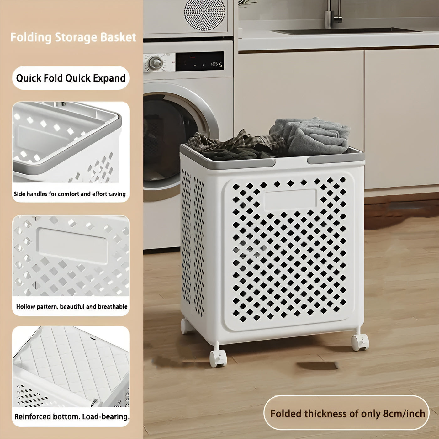 Foldable Plastic Laundry Basket Bathroom Clothes Storage with Wheels and Toy Organizer