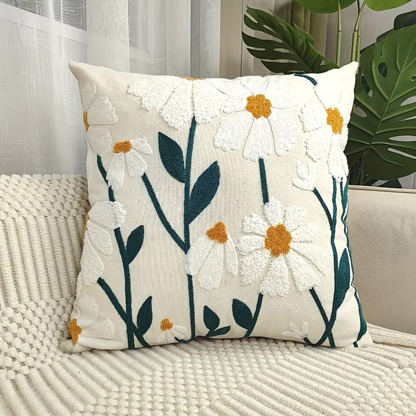 Cotton Cushion Cover | Knitted Throw Pillow Case 45 x 45 cm | Soft & Stylish (White Flower)