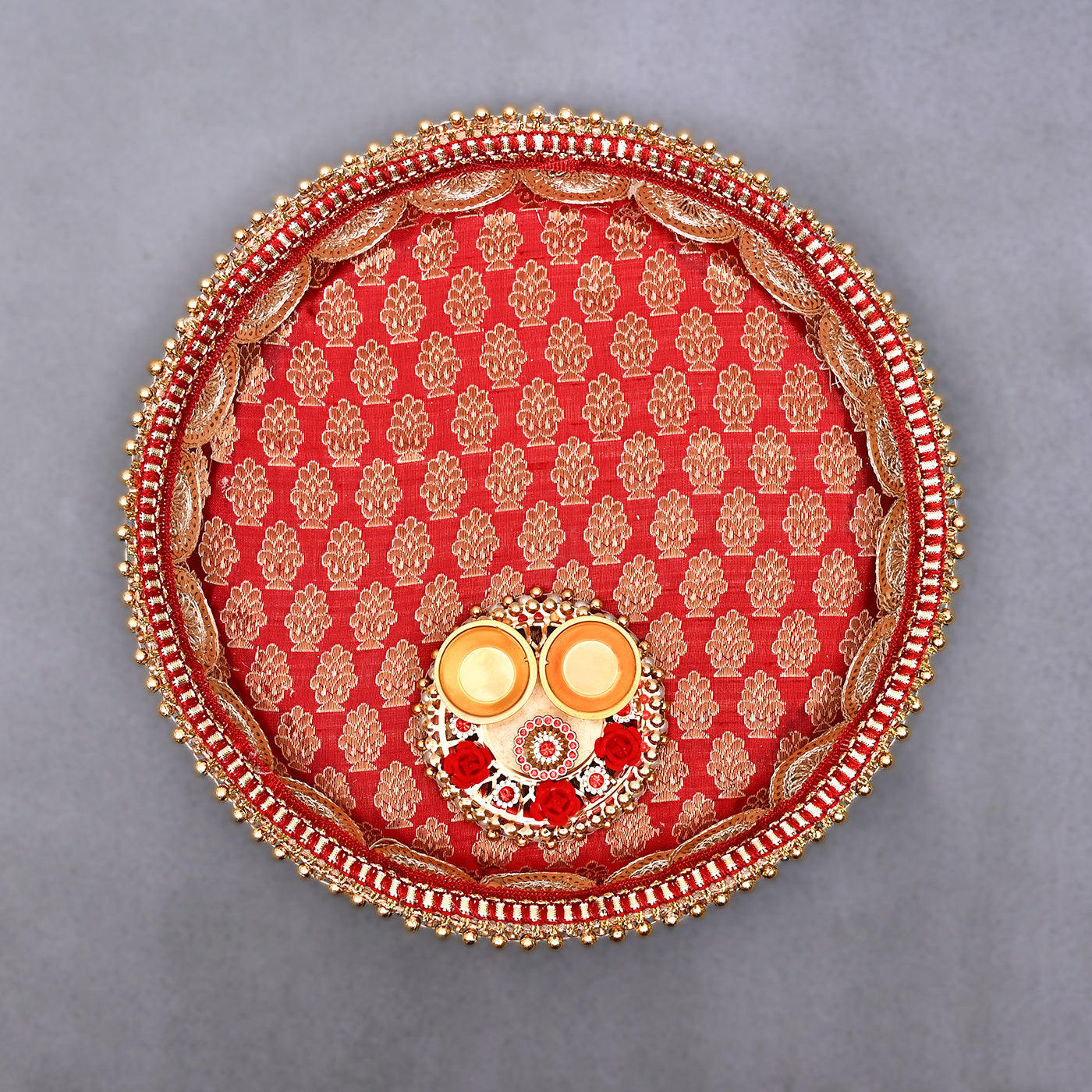 Pooja Thali Set | Stainless Steel Handcrafted Decorative Pooja Thali for Diwali Puja, Home, Temple, Mandir, Wedding, Bhai Dooj Decorative Puja Plate (Red)