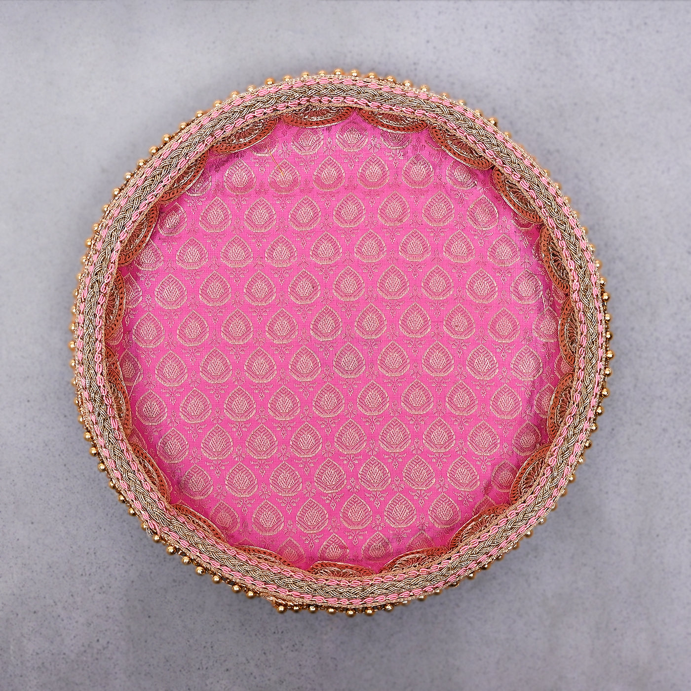 Stainless Steel Handcrafted Decorative Pooja Thali for Diwali Puja, Home, Temple, Mandir, Wedding, Bhai Dooj Decorative Puja Plate (Pink)