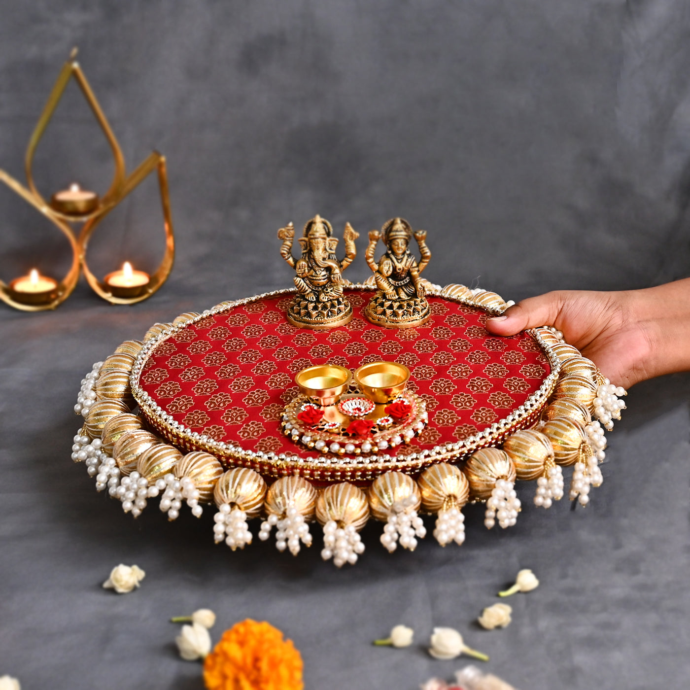 Designer Diwali Pooja Thali Gift Set with Brass Ganesh Laxmi Idol and Roli Chawal platter - Peach and Maroon