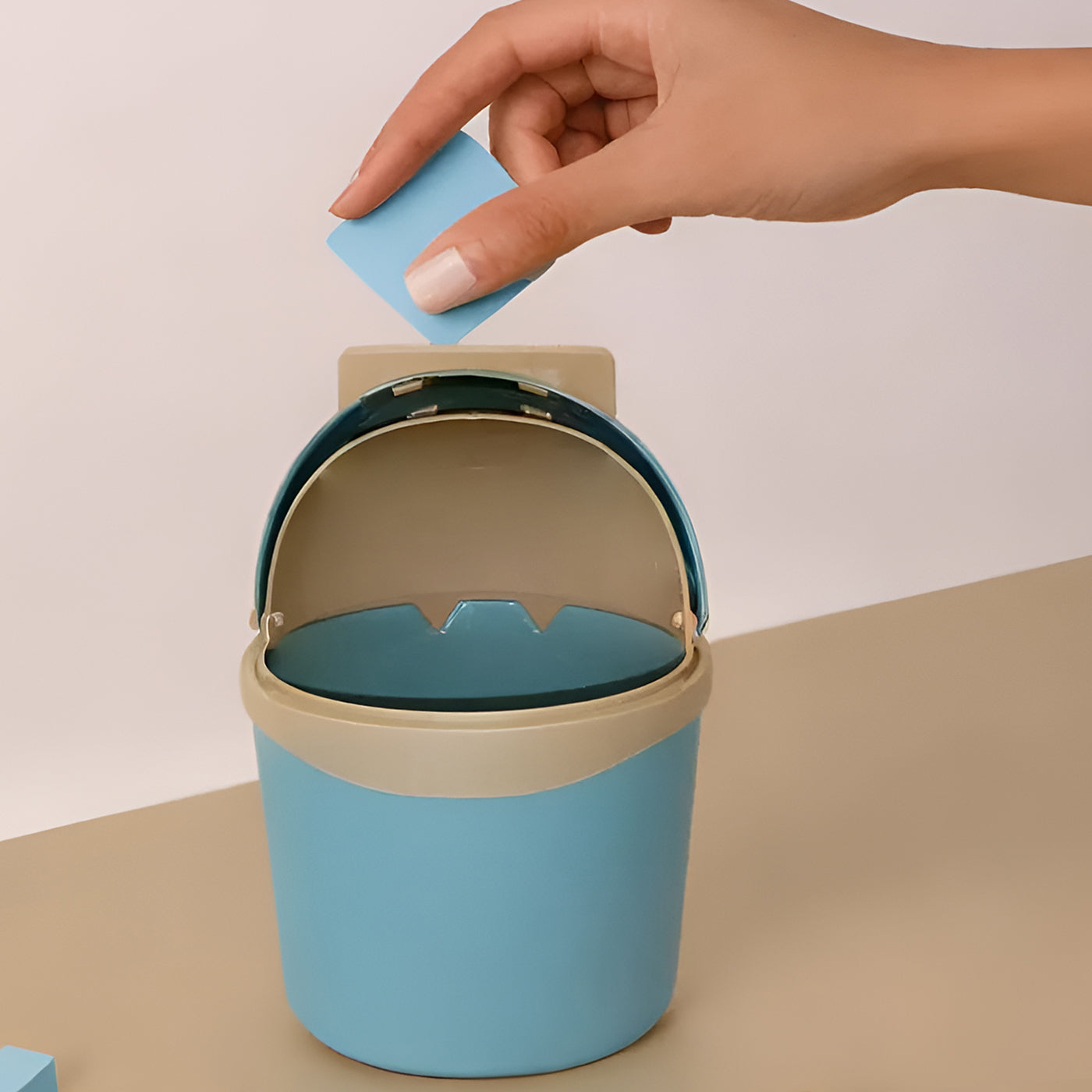 Plastic Mini Table Desk Dustbin with Swing Lid for Home, Living Room, Table, Bathrooms, Kitchens, Offices (Blue)