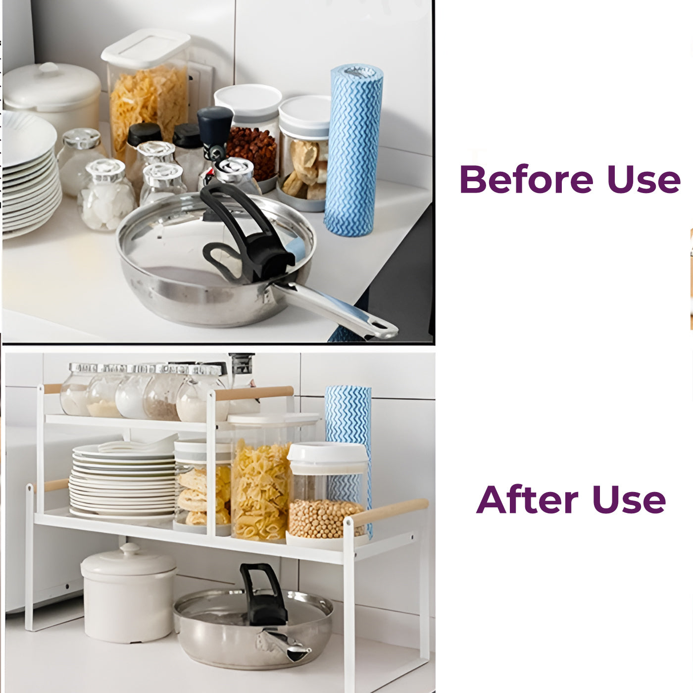 1 Tier Metal Cabinet Organizer Kitchen Storage Rack with Wooden Handles (White)