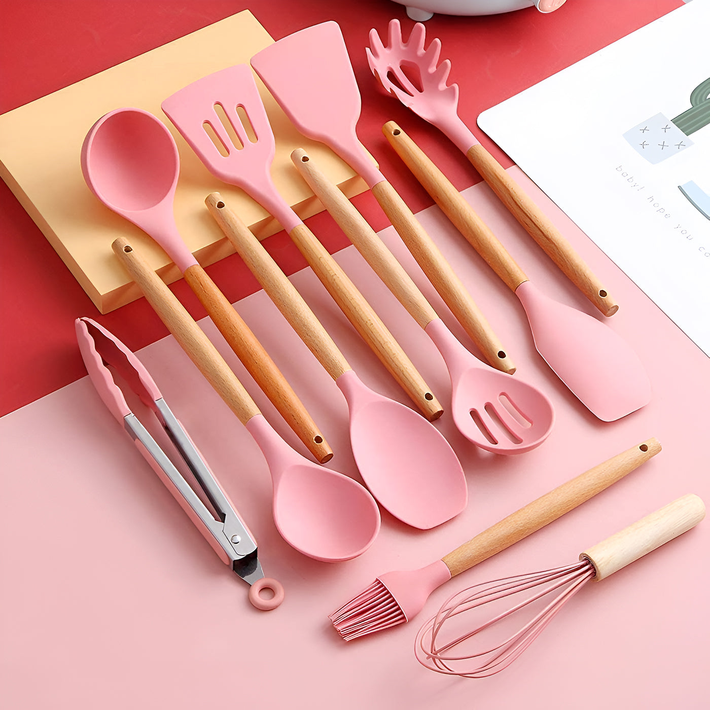 11-Piece Silicone Spatula Set | Heat-Resistant, Non-Stick & BPA-Free | Food-Grade Kitchen Utensils with Wooden Handle | Perfect for Cooking, Baking, Mixing & Serving (Pink)