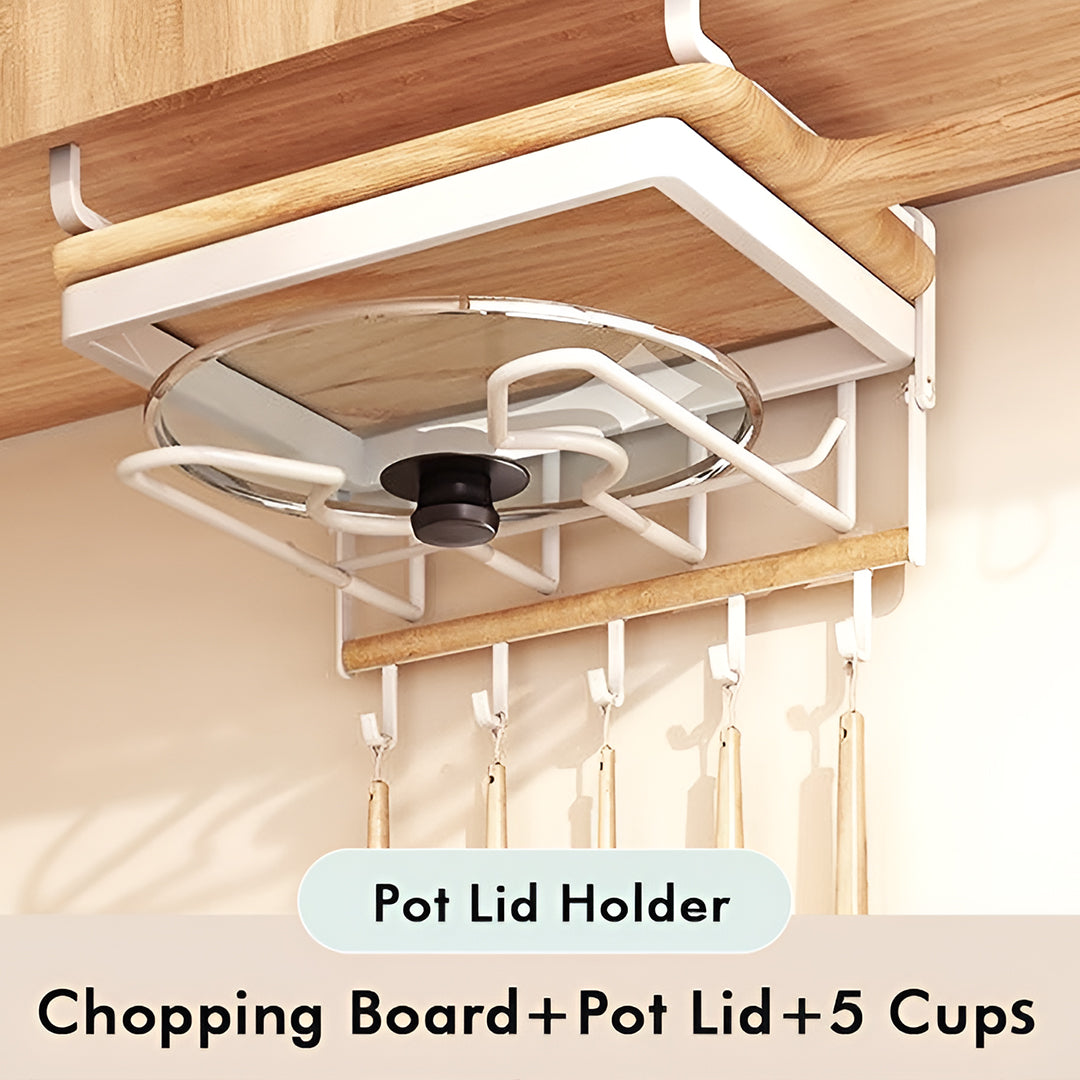 Multifunctional Kitchen Wall Organizer with Pot Lid Holder | 5 Hooks Space-Saving Utensil Hanger for Cooking, Bathroom (24cm x 19cm x27cm) White