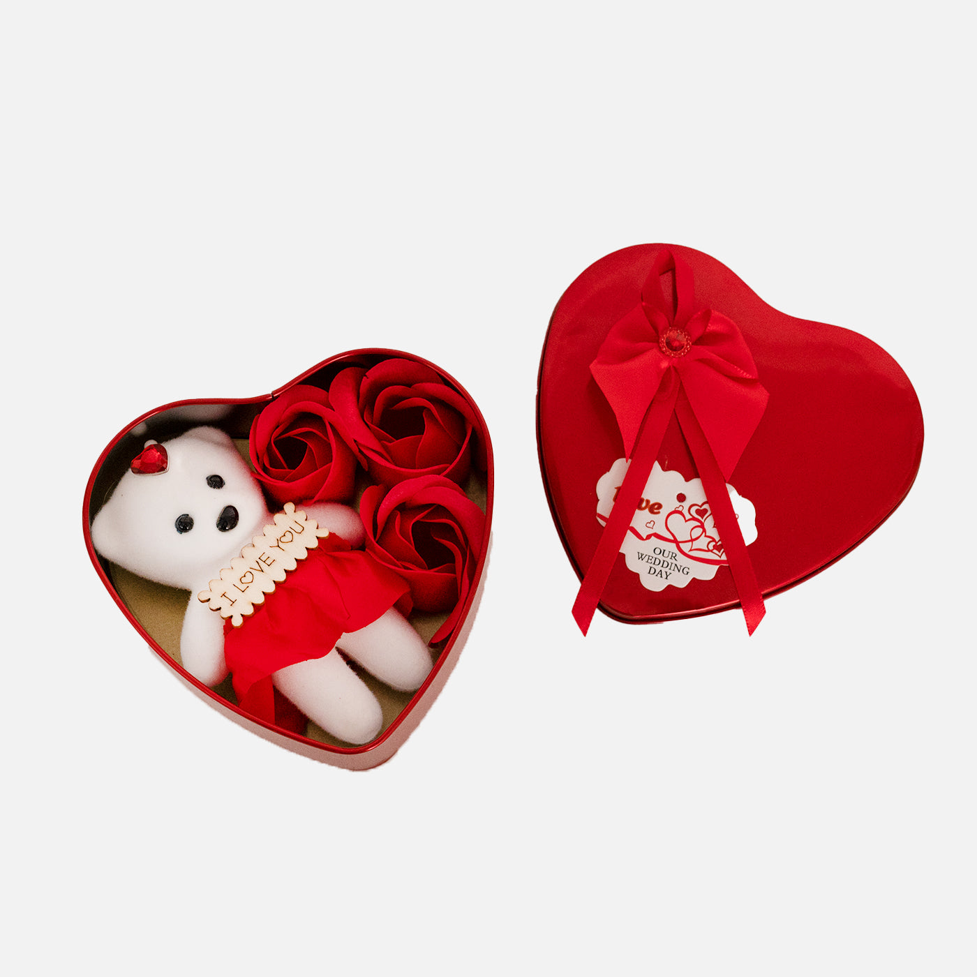 Heart Shape Box with Teddy and Red Rose Flowers Combo