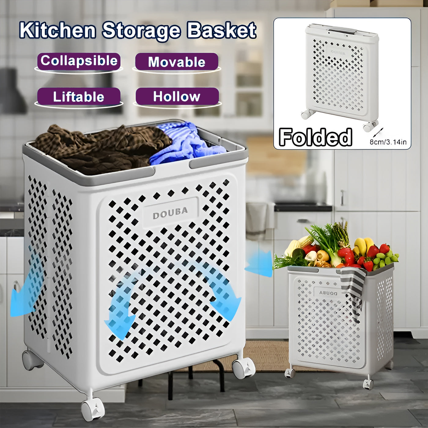 Foldable Plastic Laundry Basket Bathroom Clothes Storage with Wheels and Toy Organizer