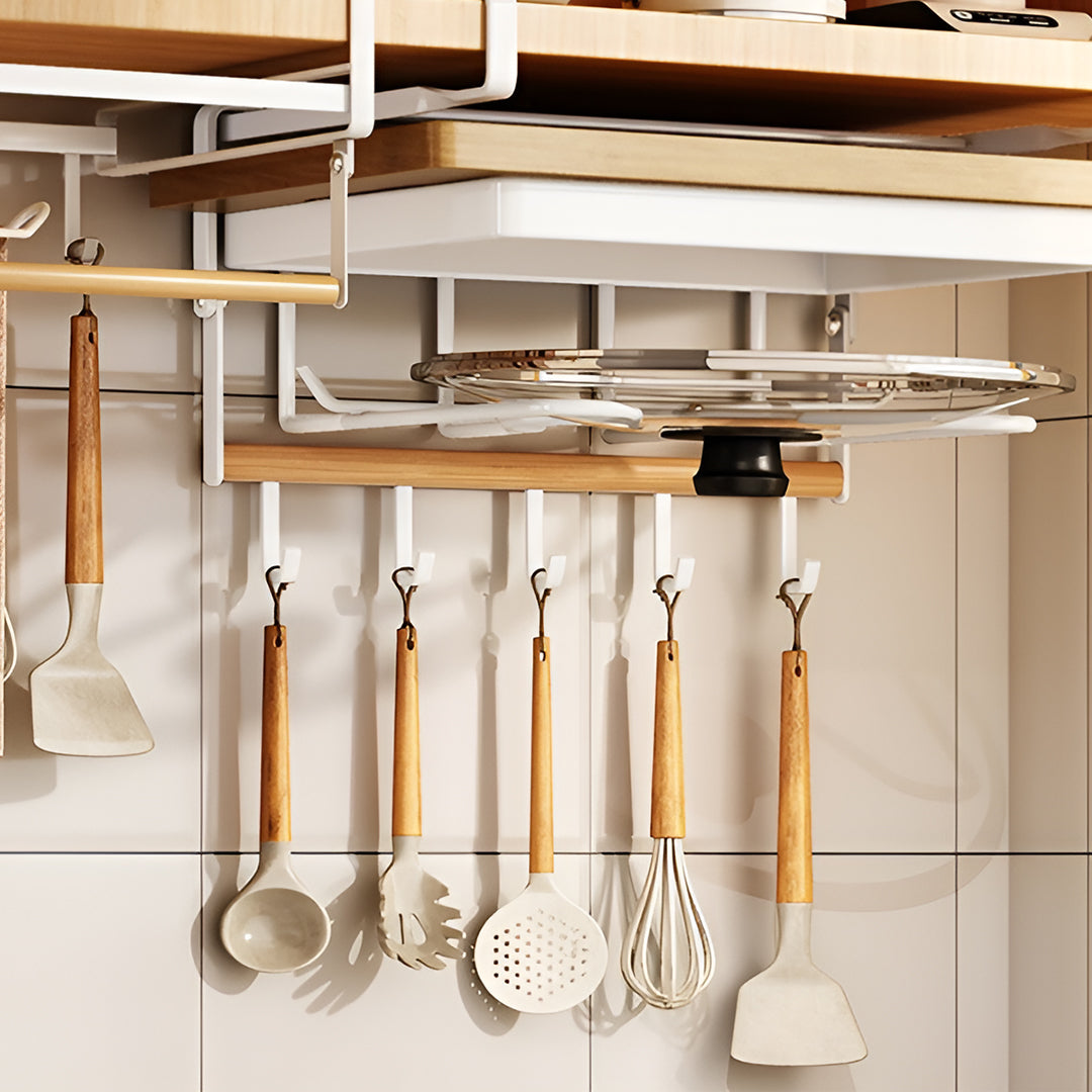 Multifunctional Kitchen Wall Organizer with Pot Lid Holder | 5 Hooks Space-Saving Utensil Hanger for Cooking, Bathroom (24cm x 19cm x27cm) White