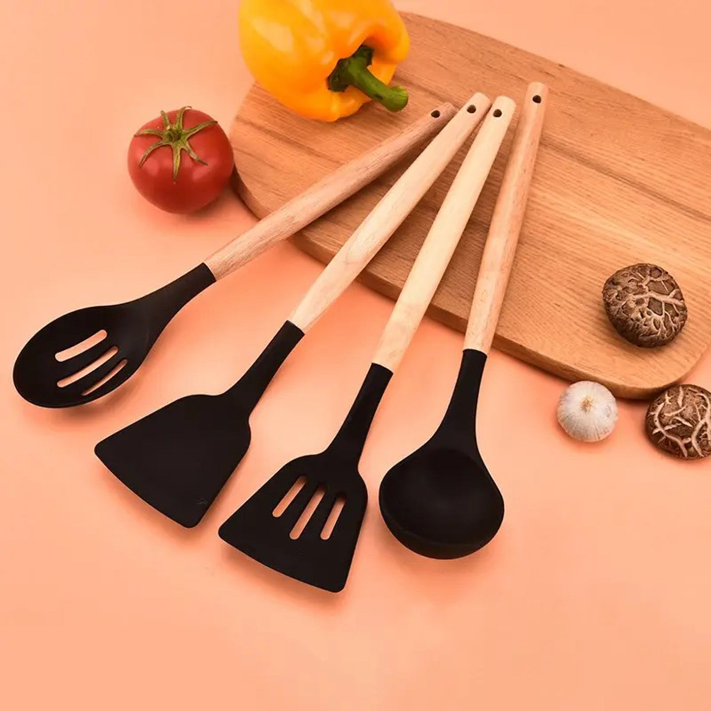 11-Piece Silicone Spatula Set | Heat-Resistant, Non-Stick & BPA-Free | Food-Grade Kitchen Utensils with Wooden Handle | Perfect for Cooking, Baking, Mixing & Serving (Black)