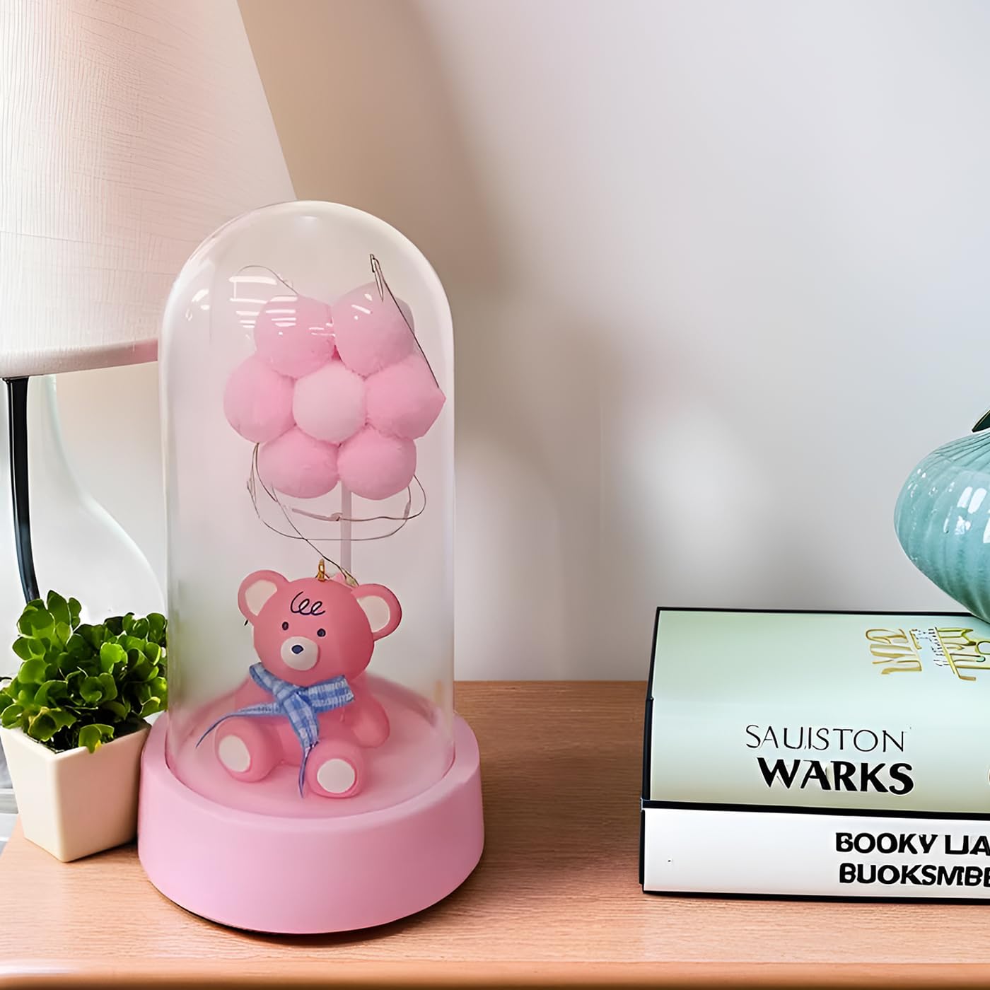 Cute Pink Teddy Bear Glass Dome LED Lights | Romantic Night Light Decoration | Gift for Girlfriend, Anniversary, Birthday, Valentine's Day