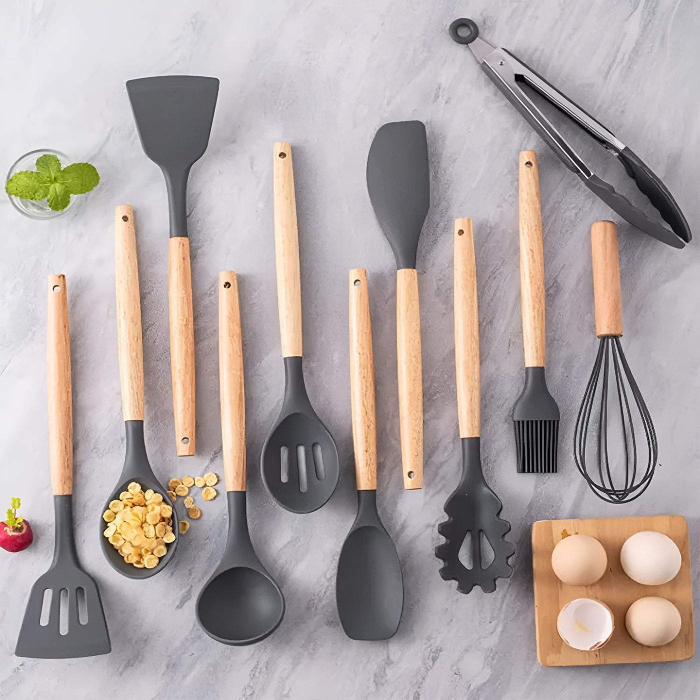 11-Piece Silicone Spatula Set | Heat-Resistant, Non-Stick & BPA-Free | Food-Grade Kitchen Utensils with Wooden Handle | Perfect for Cooking, Baking, Mixing & Serving (Grey)