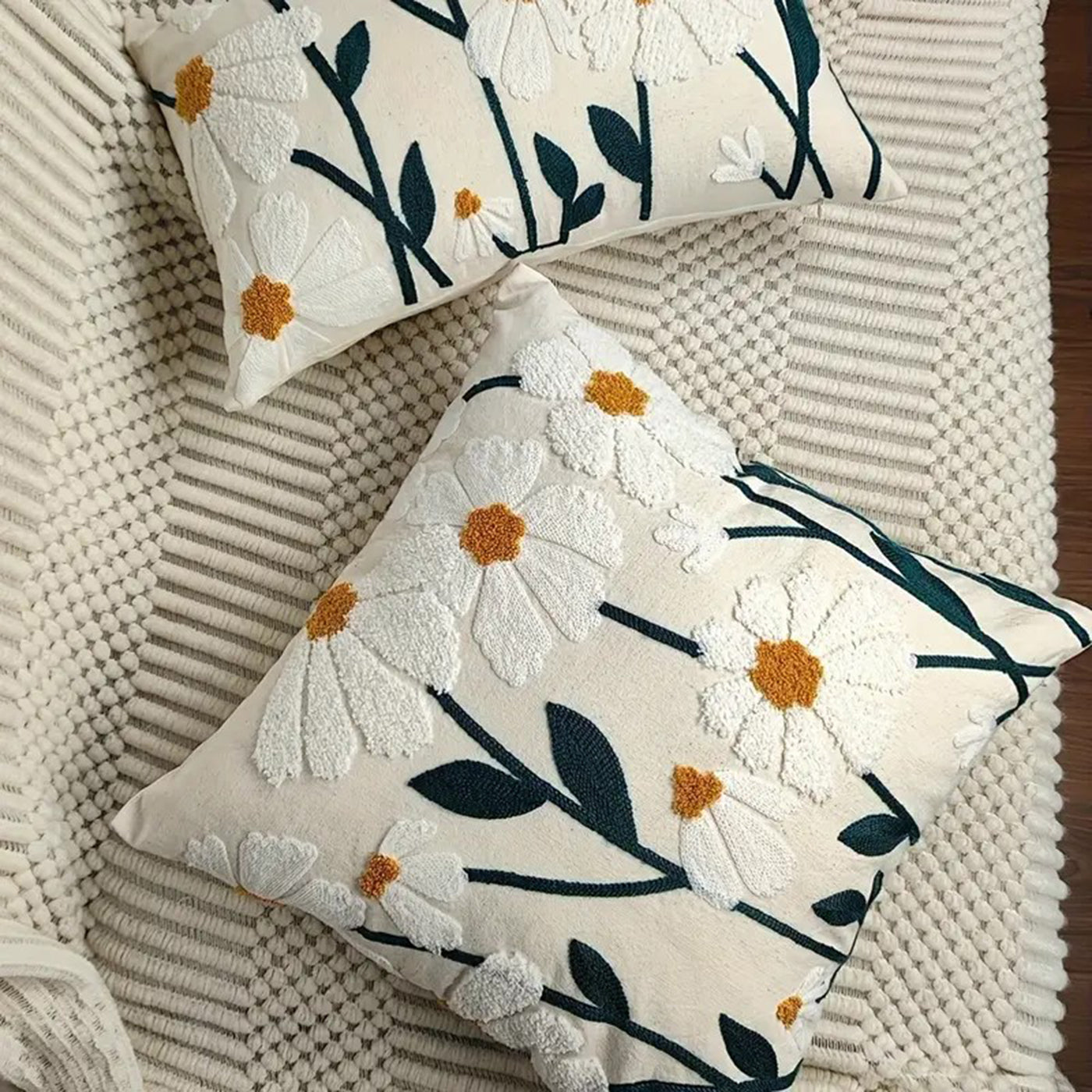Cotton Cushion Cover | Knitted Throw Pillow Case 45 x 45 cm | Soft & Stylish (White Flower)