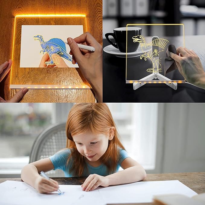 3D Acrylic LED Message Board, LED Message Board with Pen, Dry Erase Board with 13 Pen & Stand for Note