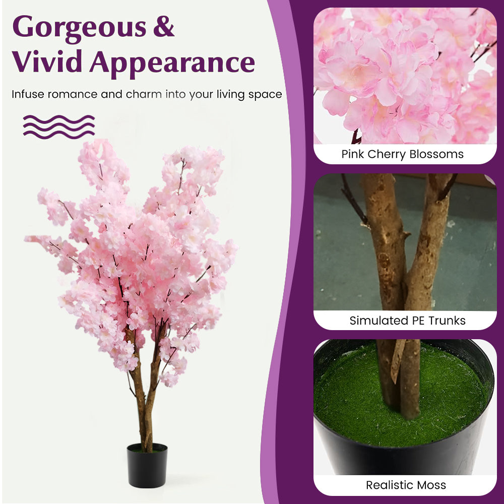 4 FT Artificial Cherry Blossom Tree | Handmade with Natural Silk Real-Touch Leaves | Tall Light Pink Decorative Plant for Home and Office (18 x 15 x 133 cm)