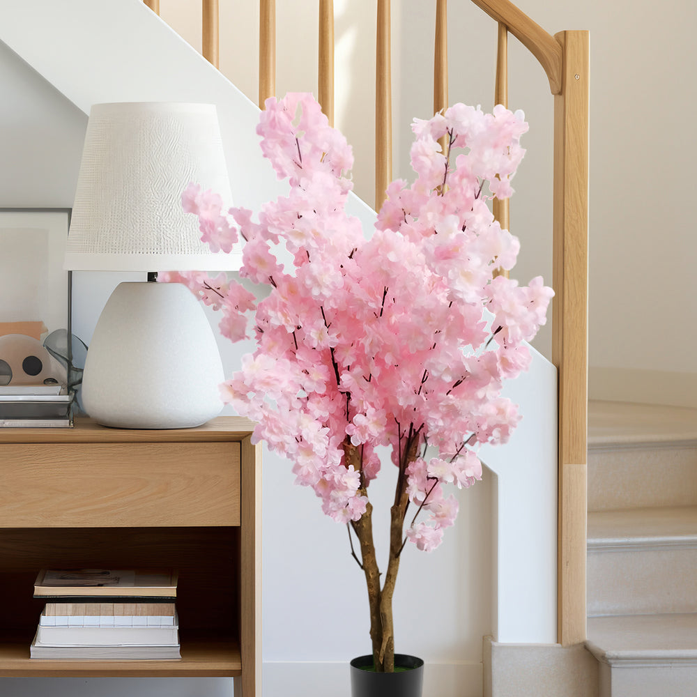 4 FT Artificial Cherry Blossom Tree | Handmade with Natural Silk Real-Touch Leaves | Tall Light Pink Decorative Plant for Home and Office (18 x 15 x 133 cm)