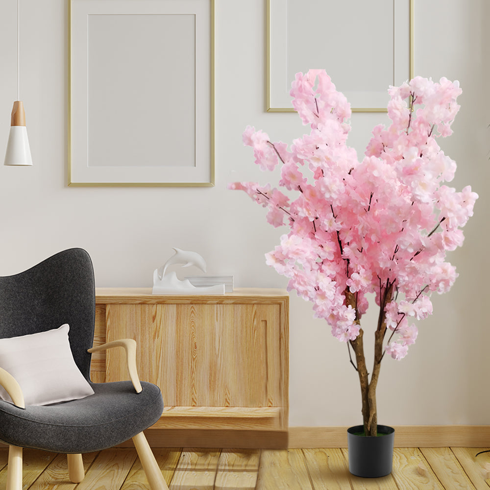 4 FT Artificial Cherry Blossom Tree | Handmade with Natural Silk Real-Touch Leaves | Tall Light Pink Decorative Plant for Home and Office (18 x 15 x 133 cm)