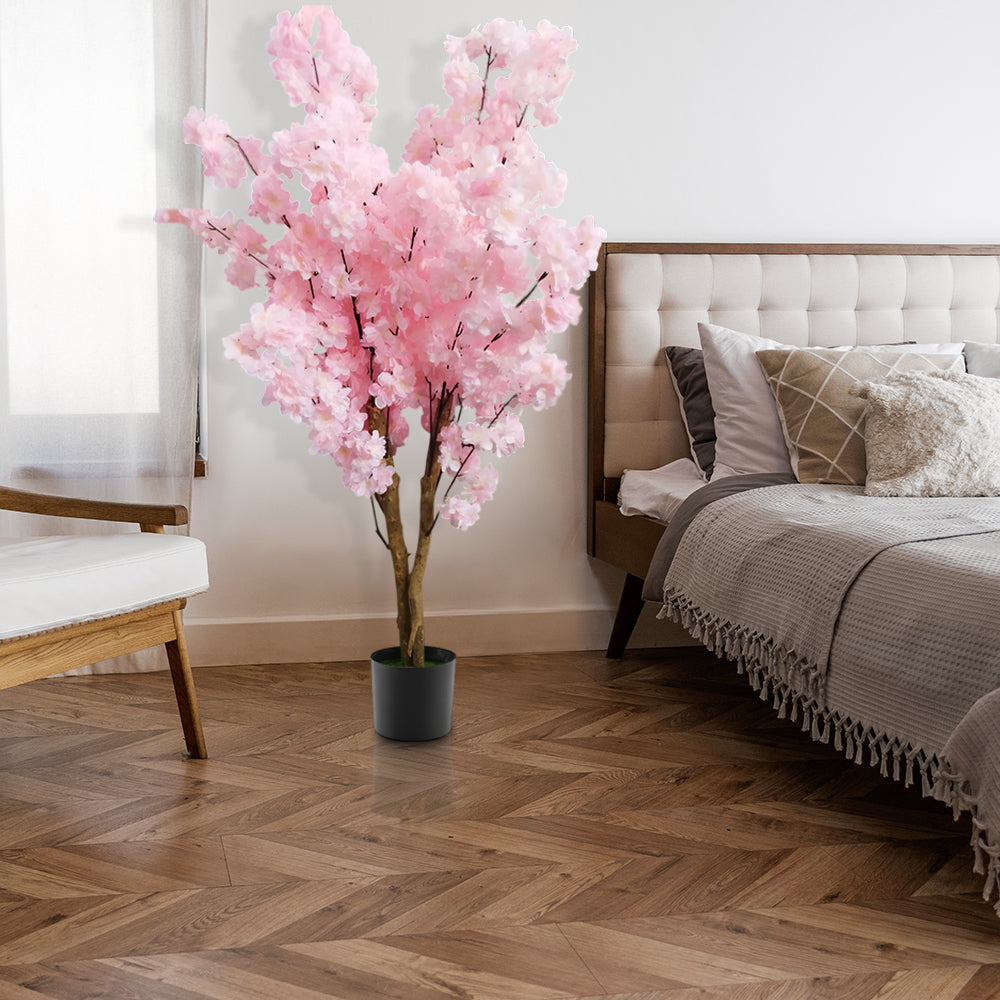 4 FT Artificial Cherry Blossom Tree | Handmade with Natural Silk Real-Touch Leaves | Tall Light Pink Decorative Plant for Home and Office (18 x 15 x 133 cm)