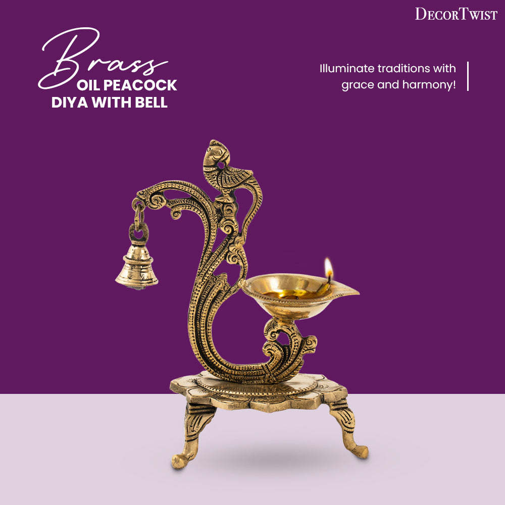 Brass Oil Peacock Diya with Bell