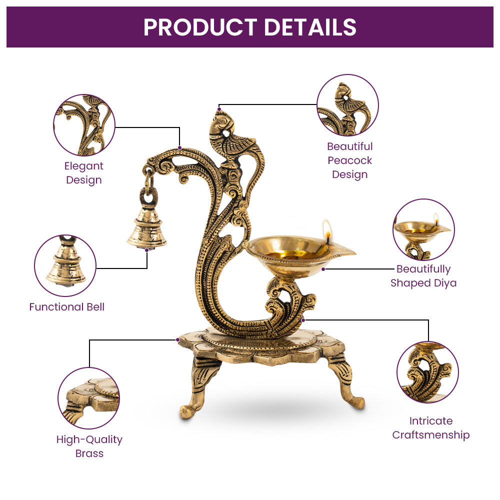 Brass Oil Peacock Diya with Bell