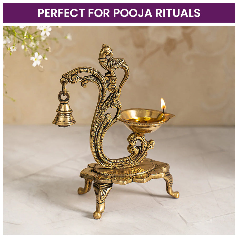 Brass Oil Peacock Diya with Bell
