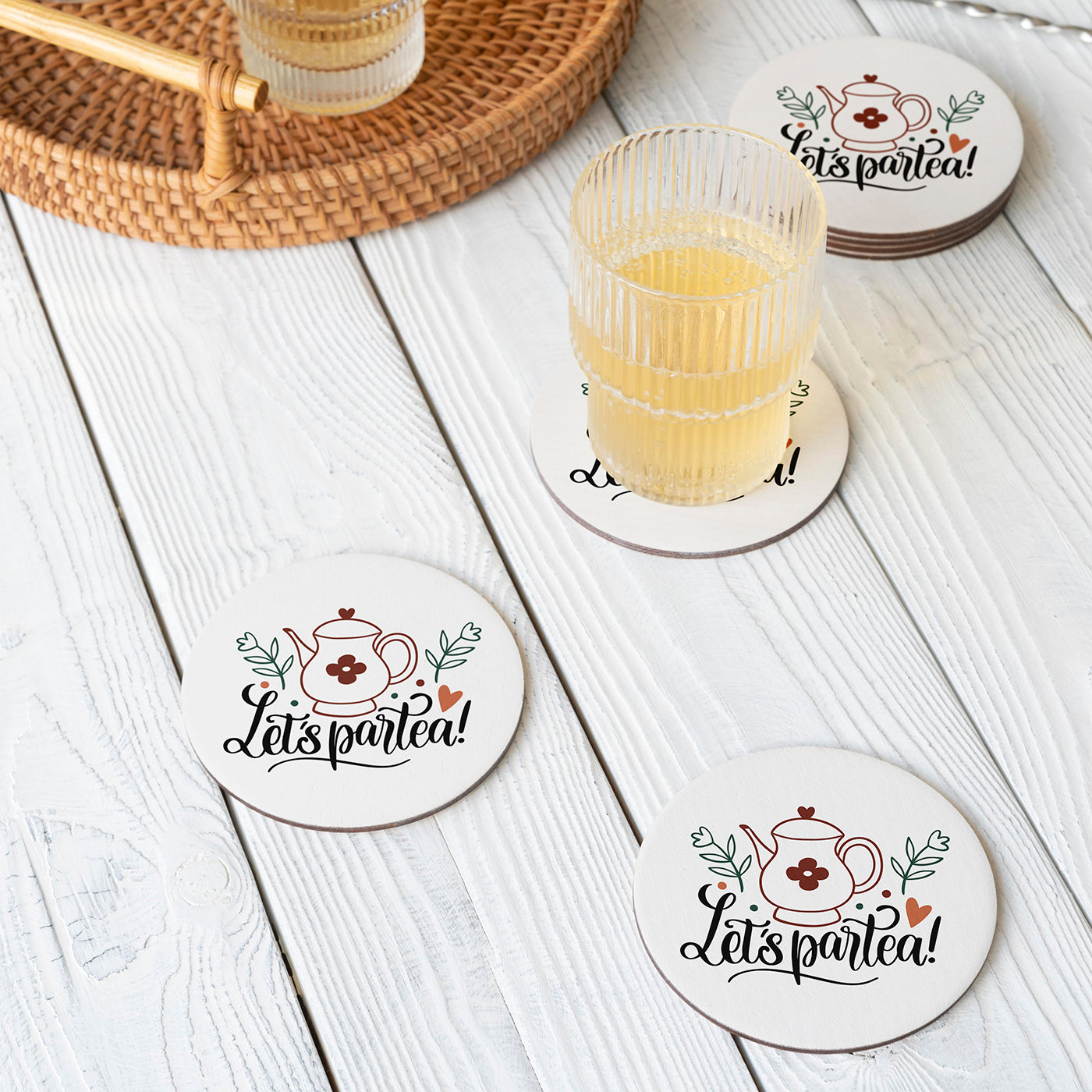 Set of 2 Let's Partea Printed Coaster Cum Fridge Magnets For Tea Cups ,Coffee Mugs Gift For Mother