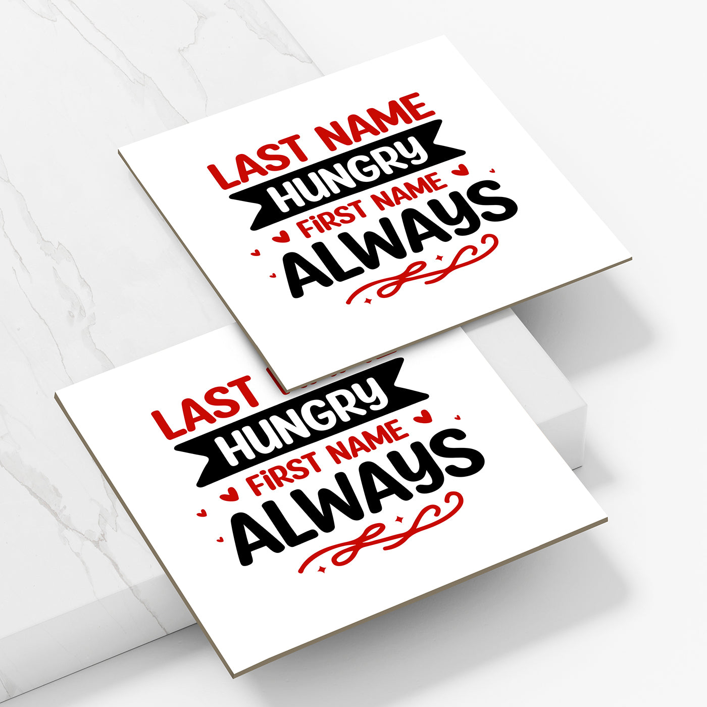 Set of 2 Last Name Hungry First Name Always Printed Coaster Cum Fridge Magnets For Tea Cups ,Coffee Mugs Gift For Mother