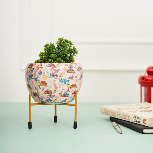 Cute Turtle print Metal Planter with Stand Flower Pot for Living Room Bedroom Indoor Outdoor Pots for Plants Home Office Decor Garden Interior Balcony Decoration