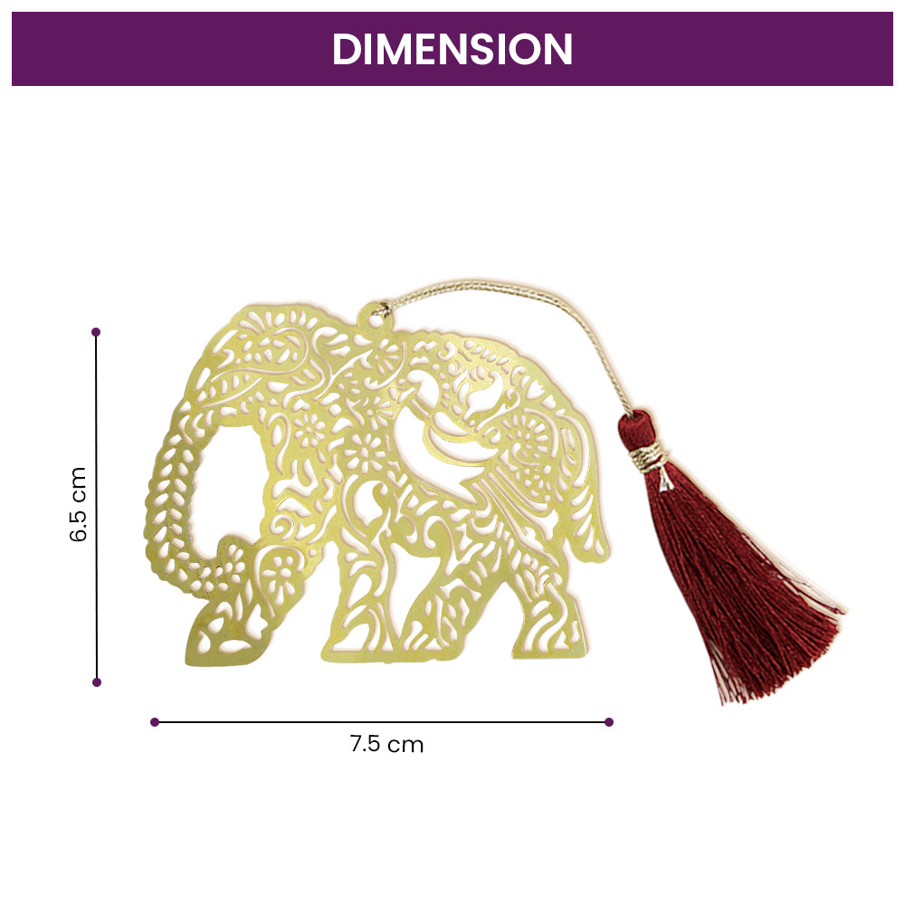 Brass Bookmark with Intricate Elephant Design in Golden Finish and Tassel