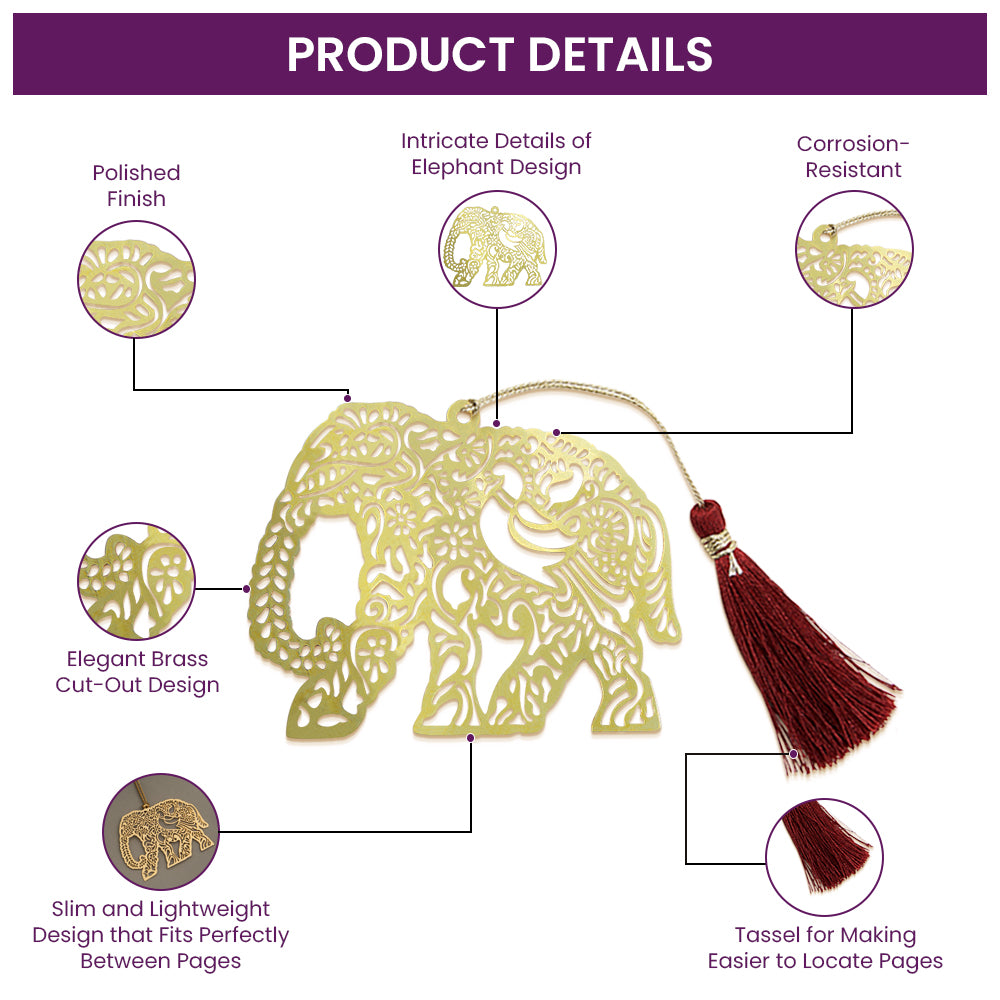 Brass Bookmark with Intricate Elephant Design in Golden Finish and Tassel