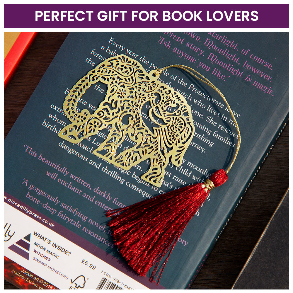 Brass Bookmark with Intricate Elephant Design in Golden Finish and Tassel