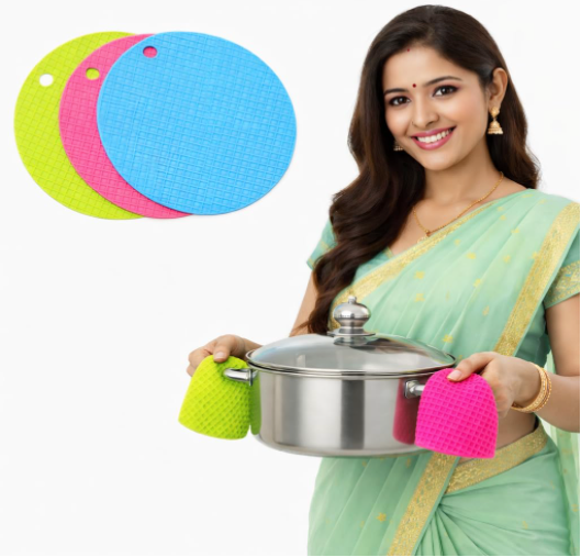 DecorTwist Multipurpose Pot Holder Dining Table Heat Protection Pads| Heat Resistant Anti-Slip Silicone Trivet Mat for Glass Table & Kitchen Countertop ( Round)