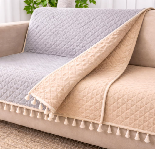 DecorTwist Premium Reversible Quilted Velvet Sofa Cover for 2 & 3 Seater | Luxury Sofa Protector with Tassels | Soft, Durable & Pet Friendly | Grey/Beige & Beige