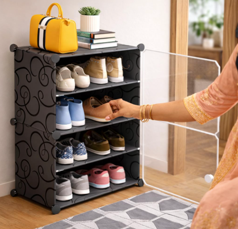 Modular Plastic Storage Cabinet with Doors | DIY Shoe Rack & Multipurpose Organizer for Home | Available in Plain & Patterned Panels (White – Plain, Double Door | 4 Shelves)