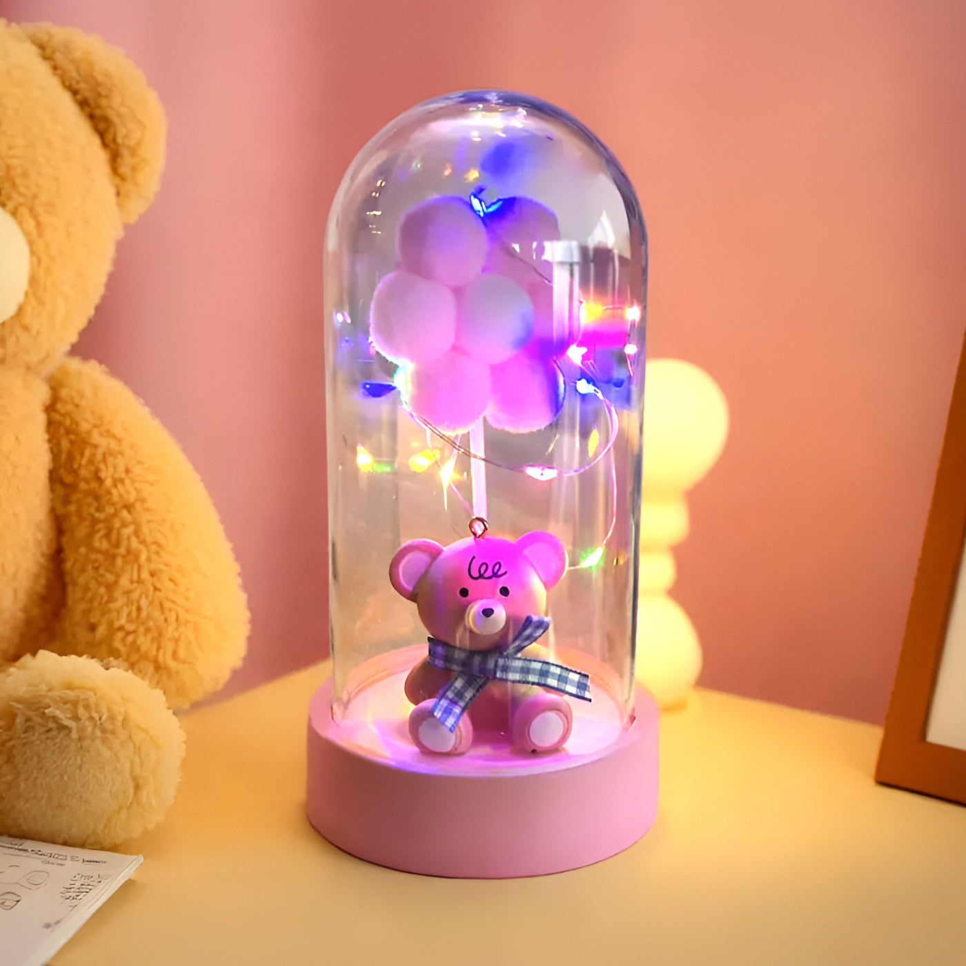 Cute Pink Teddy Bear Glass Dome LED Lights | Romantic Night Light Decoration | Gift for Girlfriend, Anniversary, Birthday, Valentine's Day